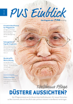 Vorschau vom Cover der PVS Einblick, Foto Seniorin mit Brille guckt mit schlechten Erwartungen in die Zukunft